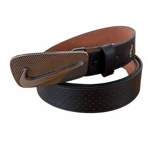 Black Nike Golf Grip Tech Leather Belt Sz 37-43 Metal Enamel Grid SILVER Buckle